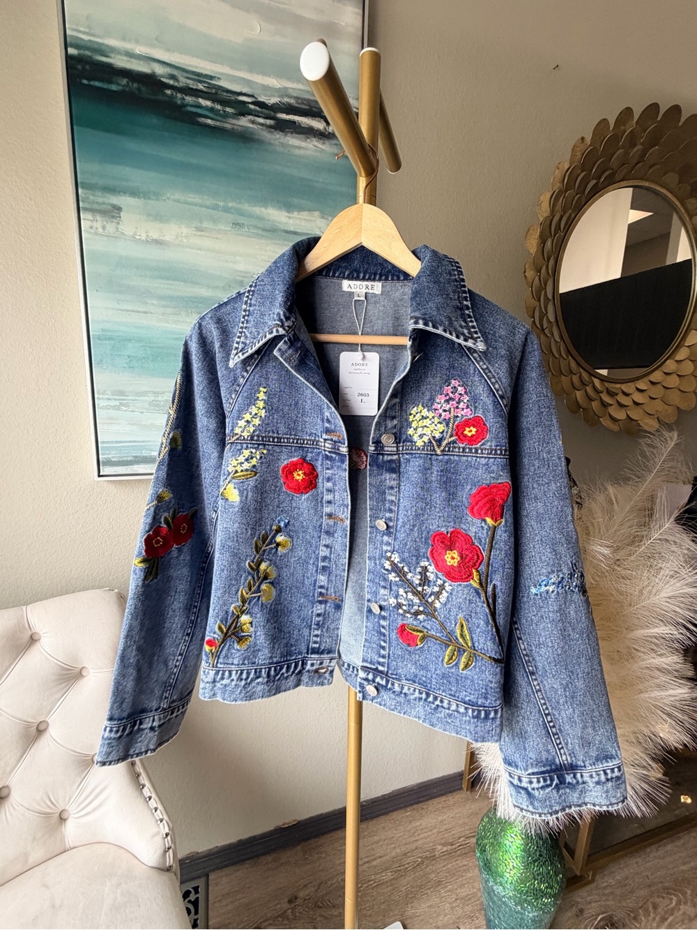 Adore XL Floral Embroidered Denim Jacket Boutique Statement Piece NWT - Picture 4 of 16